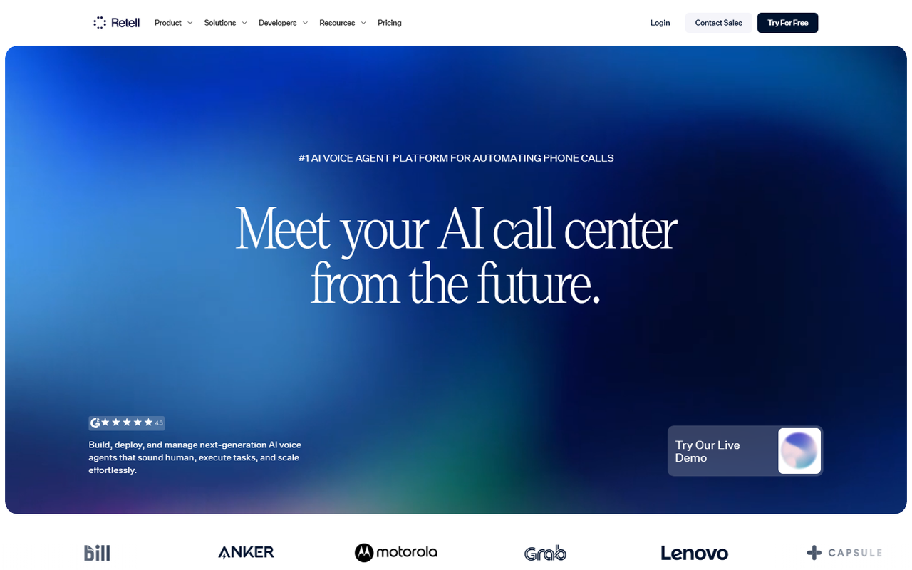 Retell AI homepage headlined Meet your AI call center from the future, with a G2 rating of 4.8 and customer logos including Motorola, Lenovo and Anker