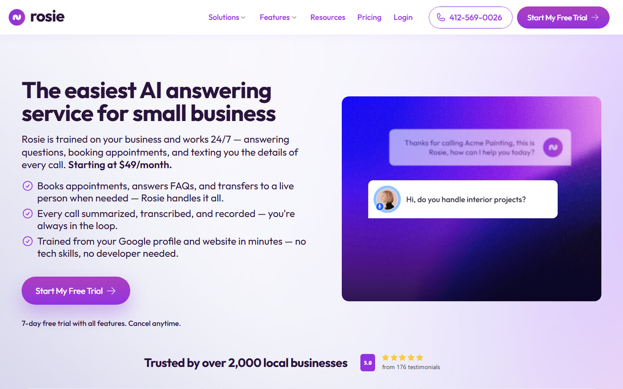 Rosie homepage describing the easiest AI answering service for small business, priced from 49 dollars a month, alongside a sample caller conversation