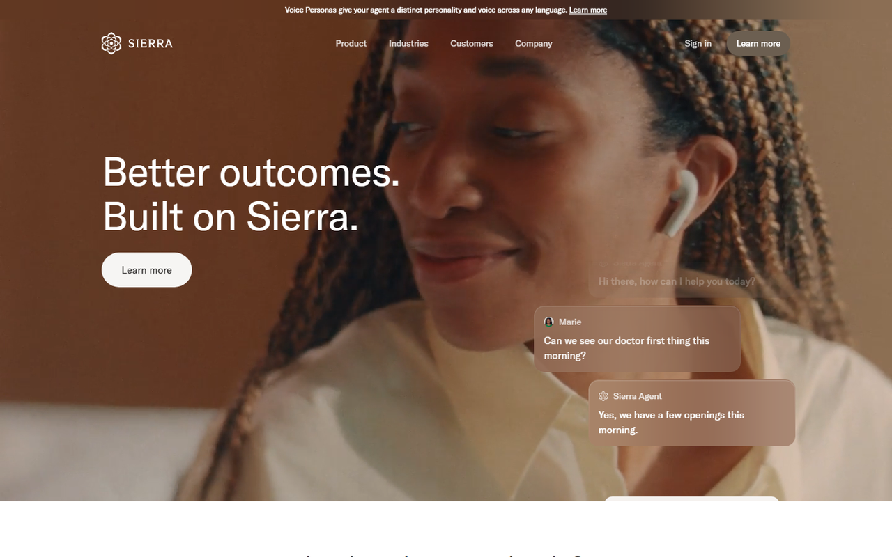Sierra homepage headlined Better outcomes, built on Sierra, showing a sample agent conversation booking a same-morning doctor appointment