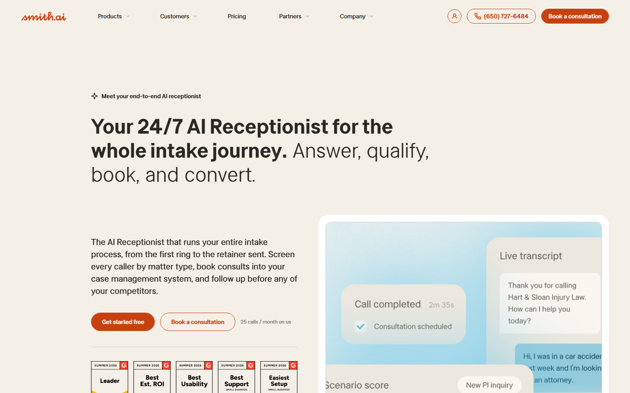 Smith.ai AI Receptionist page showing a live call transcript, a completed 2 minute 35 second call with a consultation scheduled, and five G2 summer 2026 badges