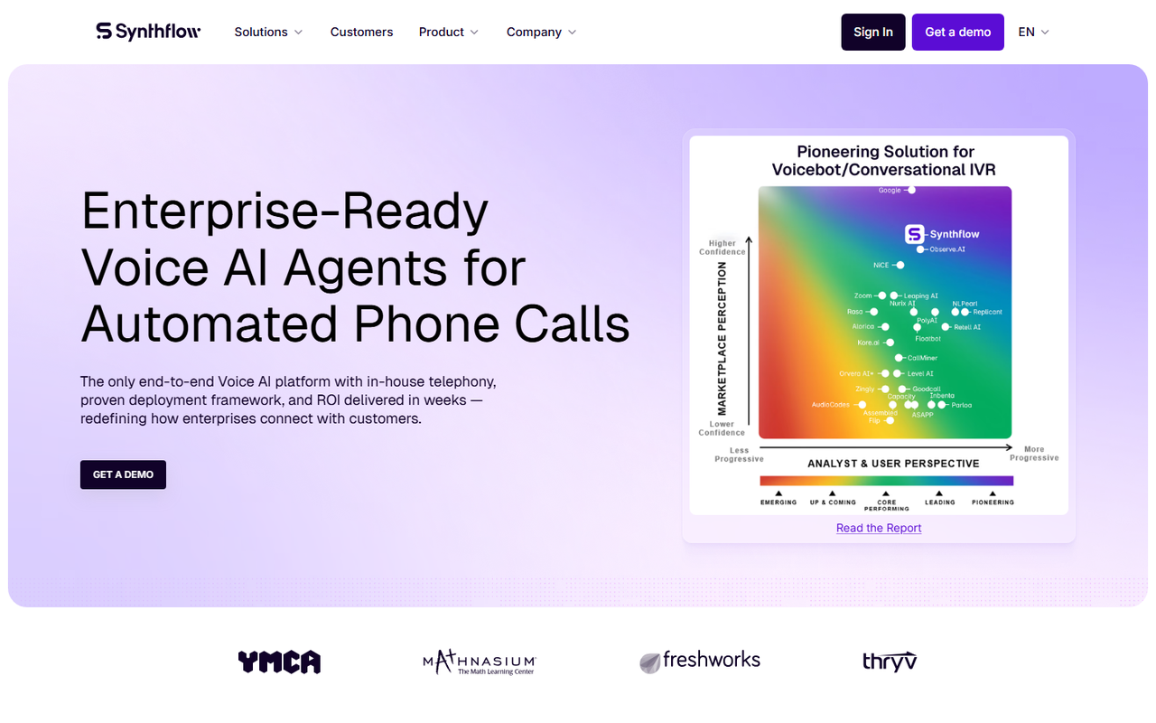 Synthflow homepage positioning enterprise-ready voice AI agents for automated phone calls next to an analyst quadrant placing Synthflow in the pioneering band