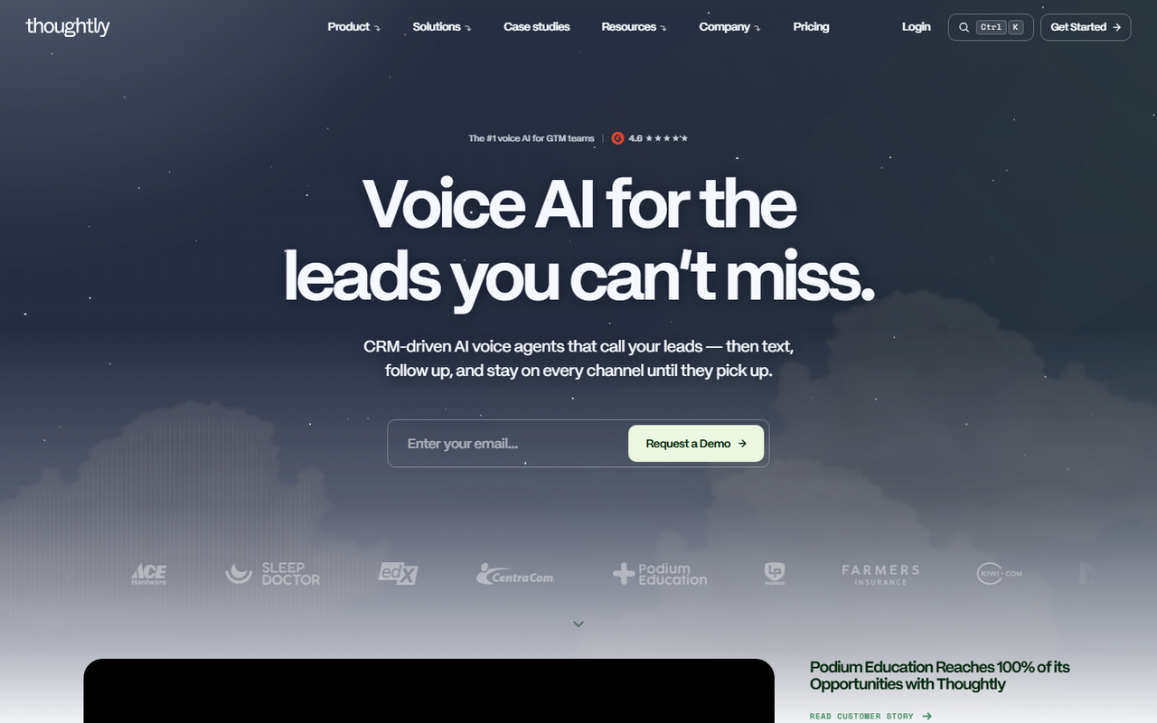 Thoughtly homepage headlined Voice AI for the leads you cannot miss, describing CRM-driven voice agents that call, text and follow up, with a G2 rating of 4.6