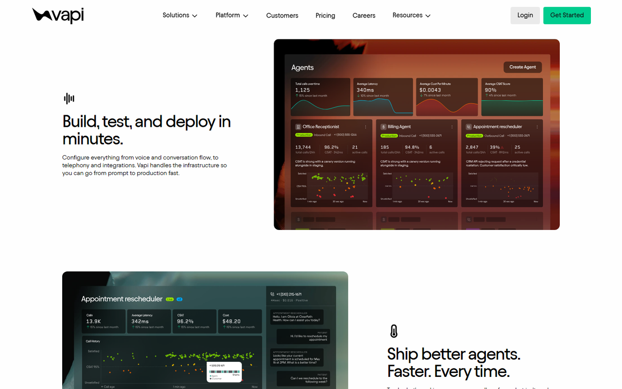 Vapi platform page showing an Agents dashboard with total calls, average latency and average cost per minute tiles, plus cards for an office receptionist, billing agent and appointment rescheduler