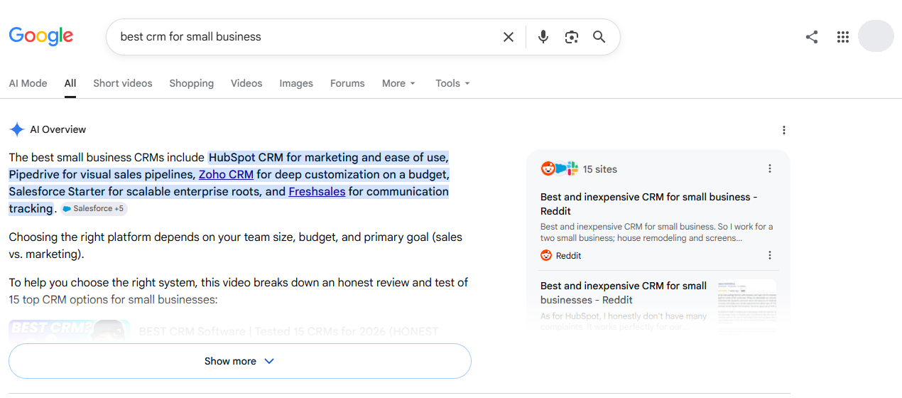 Google search results for best crm for small business showing the AI Mode tab in the navigation and an AI Overview citing 15 sites.