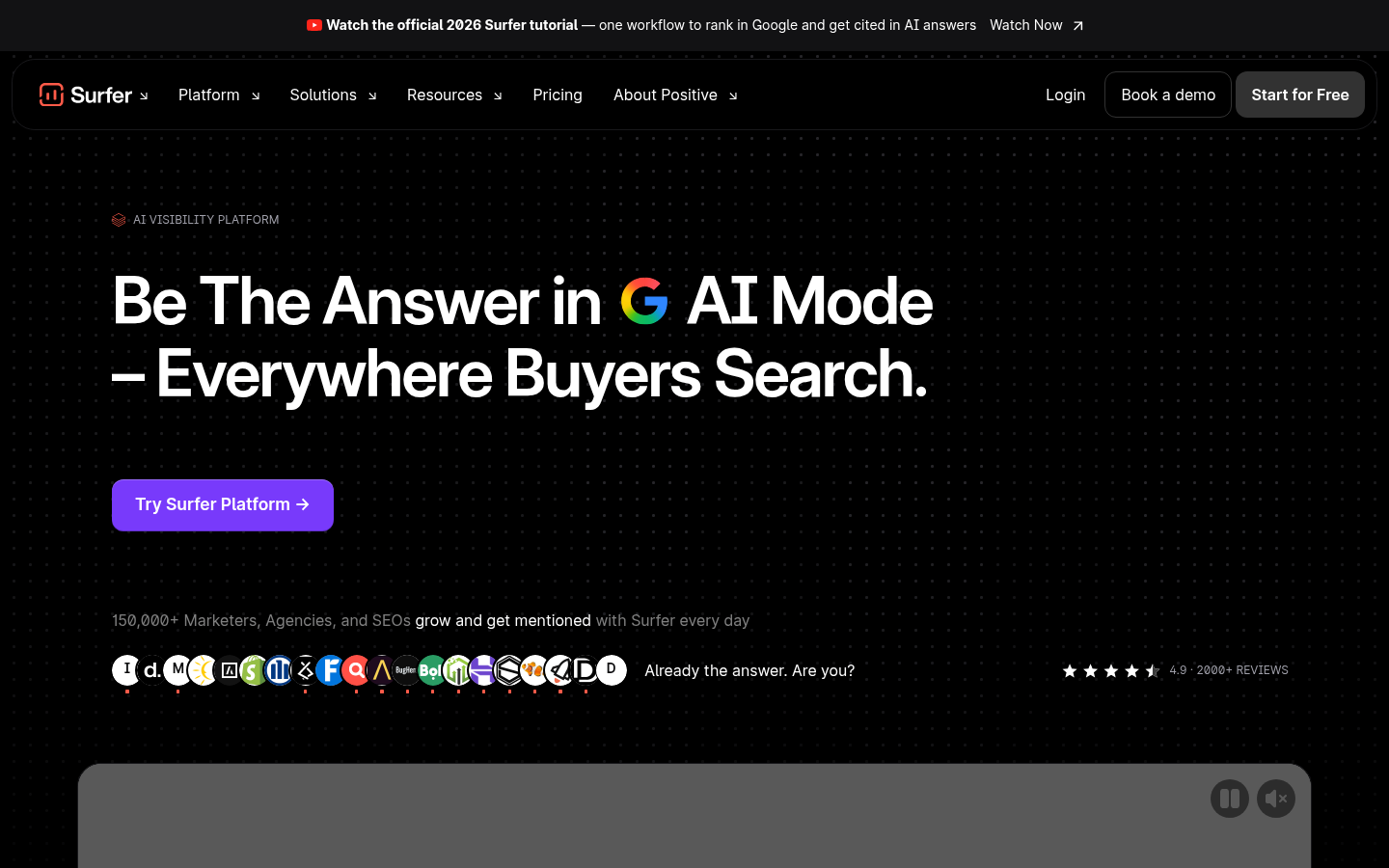 Surfer homepage labelled AI visibility platform with the headline Be The Answer in Google AI Mode, Everywhere Buyers Search.