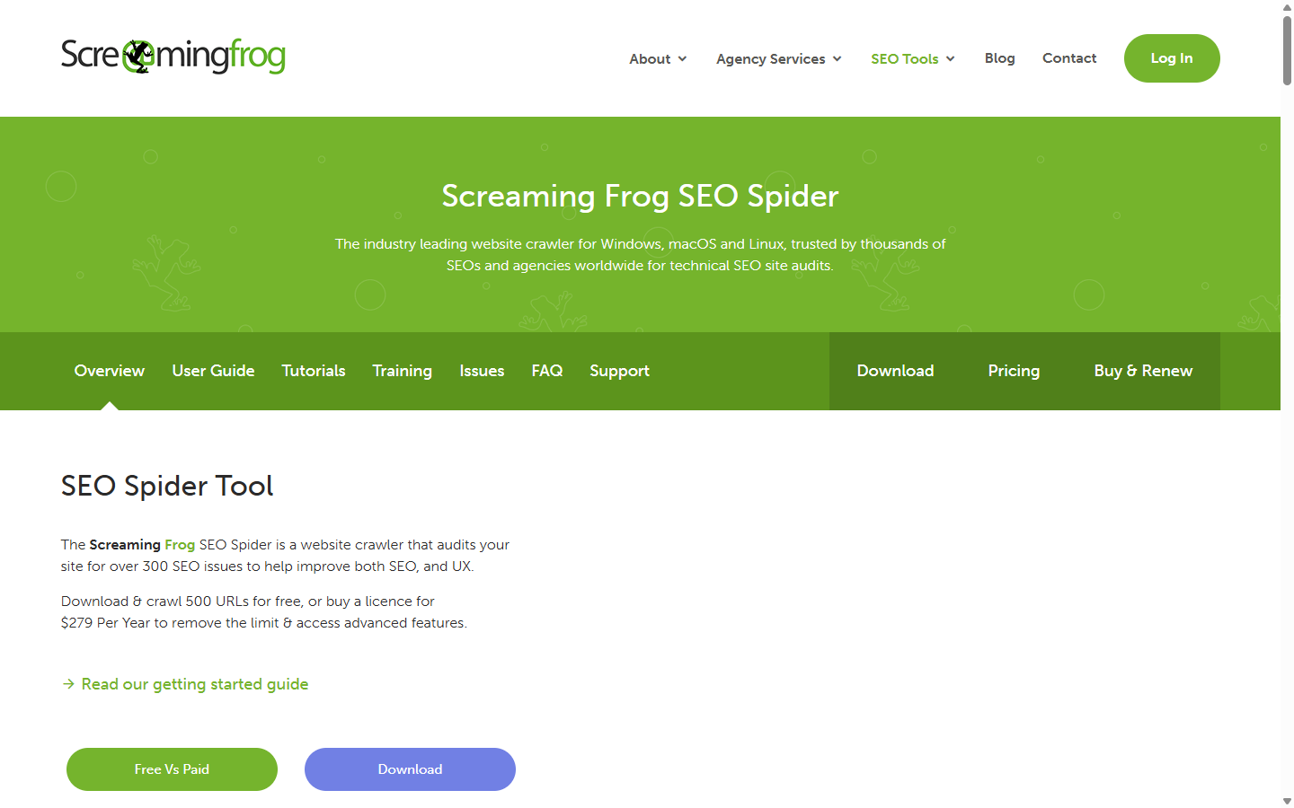 Screaming Frog SEO Spider product page describing a crawler that audits over 300 SEO issues, listing a free 500 URL crawl and a 279 dollar per year licence.