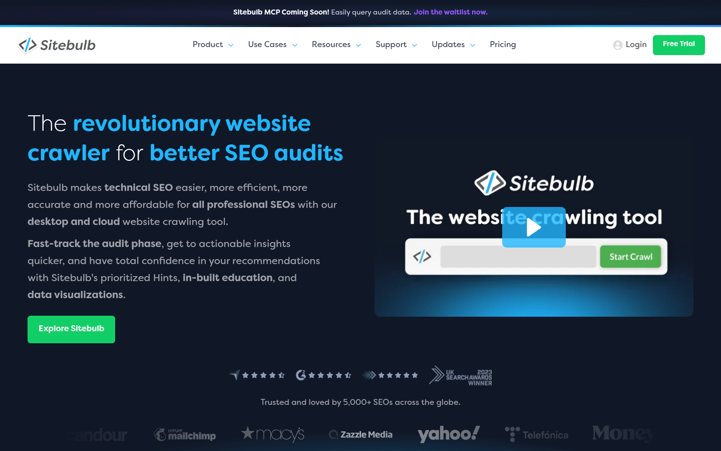 Sitebulb homepage describing a desktop and cloud website crawler built around prioritized hints and data visualizations.