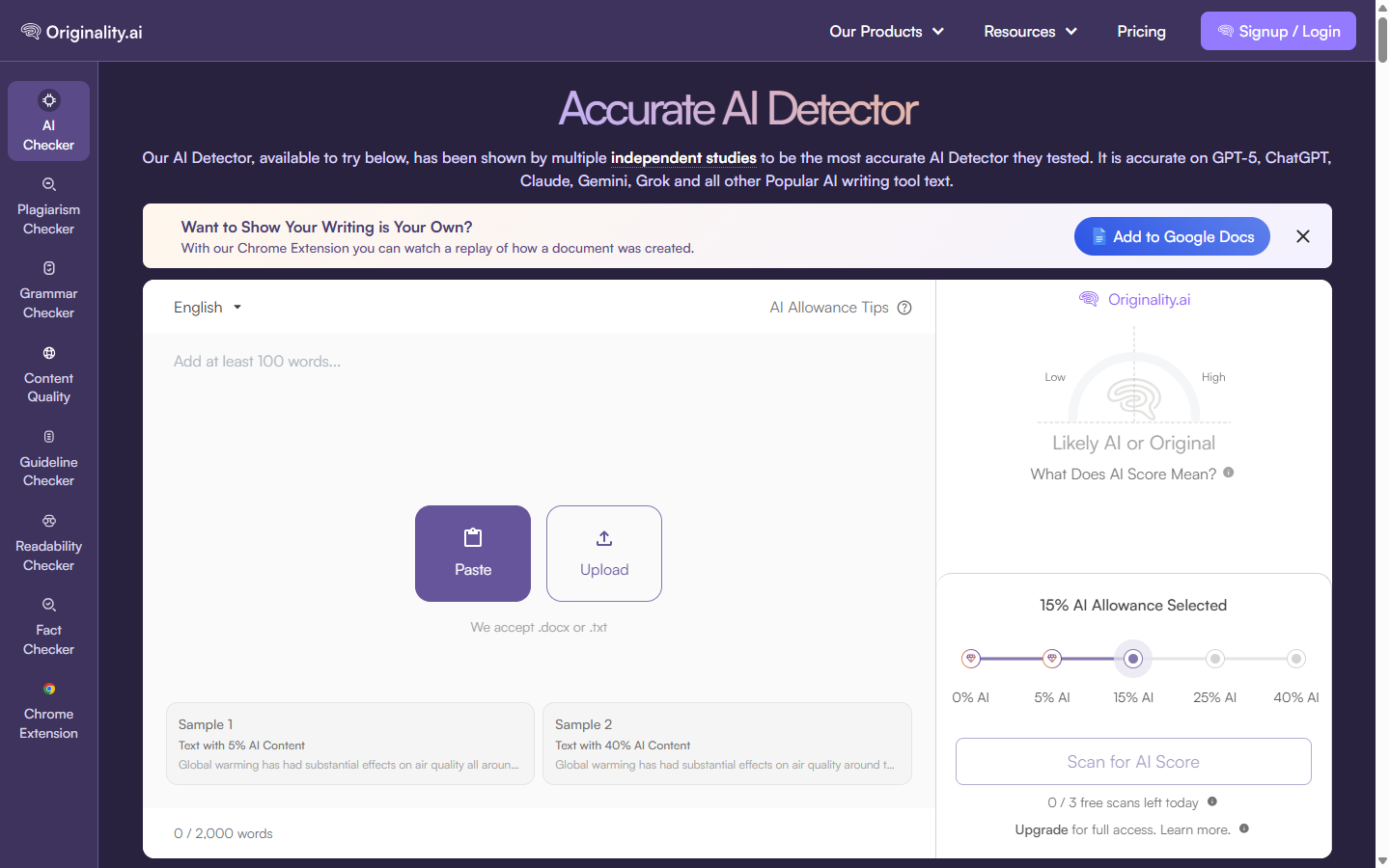 Originality.ai AI detector workspace with a left sidebar listing plagiarism, grammar, content quality, readability and fact checker tools.