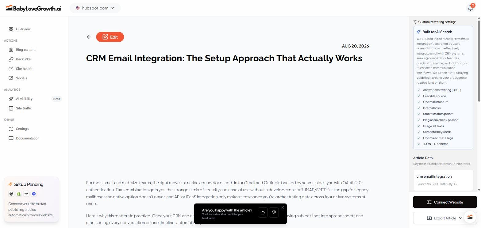 BabyLoveGrowth editor showing a generated article titled CRM Email Integration next to a Built for AI Search panel listing schema, internal links and semantic keywords
