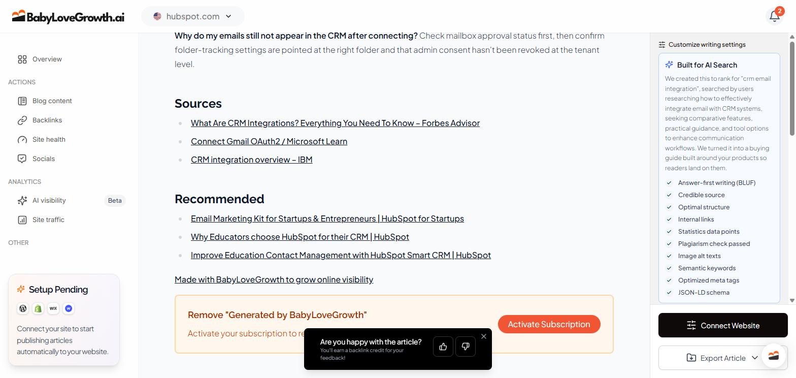 End of a BabyLoveGrowth generated article showing cited sources, a recommended list of HubSpot pages, a Made with BabyLoveGrowth footer line and a panel offering to remove the credit