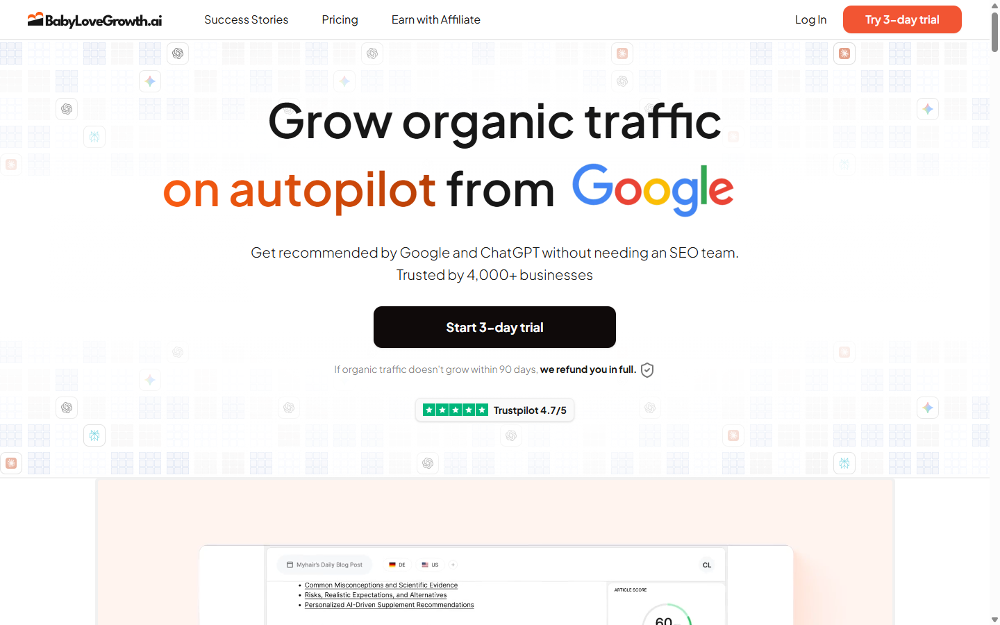 BabyLoveGrowth homepage showing the grow organic traffic on autopilot headline and a three day trial button