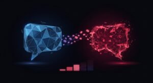 Two abstract speech bubbles on a dark background, one blue and faceted and one made of crimson particles, with glowing token coins flowing between them above a rising bar meter.