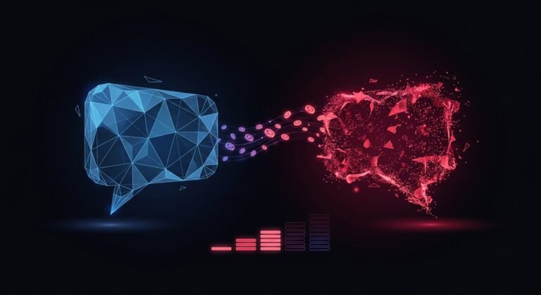 Two abstract speech bubbles on a dark background, one blue and faceted and one made of crimson particles, with glowing token coins flowing between them above a rising bar meter.