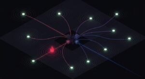 Isometric dark grid of glowing monitoring endpoints radiating concentric ping rings, connected by thin lines to a central node, with one endpoint flaring crimson to signal a failed check.