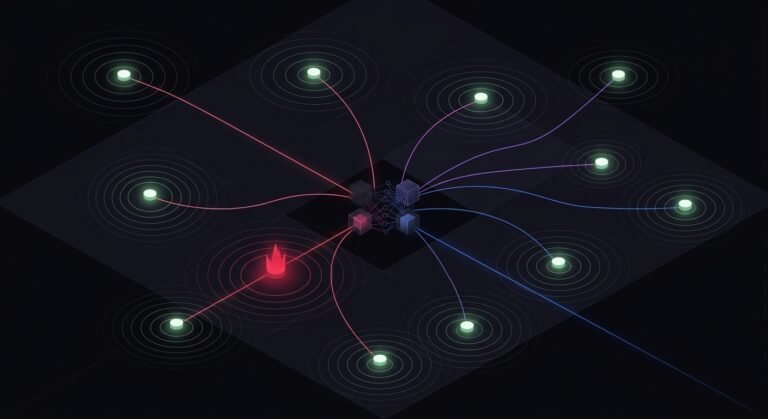 Isometric dark grid of glowing monitoring endpoints radiating concentric ping rings, connected by thin lines to a central node, with one endpoint flaring crimson to signal a failed check.