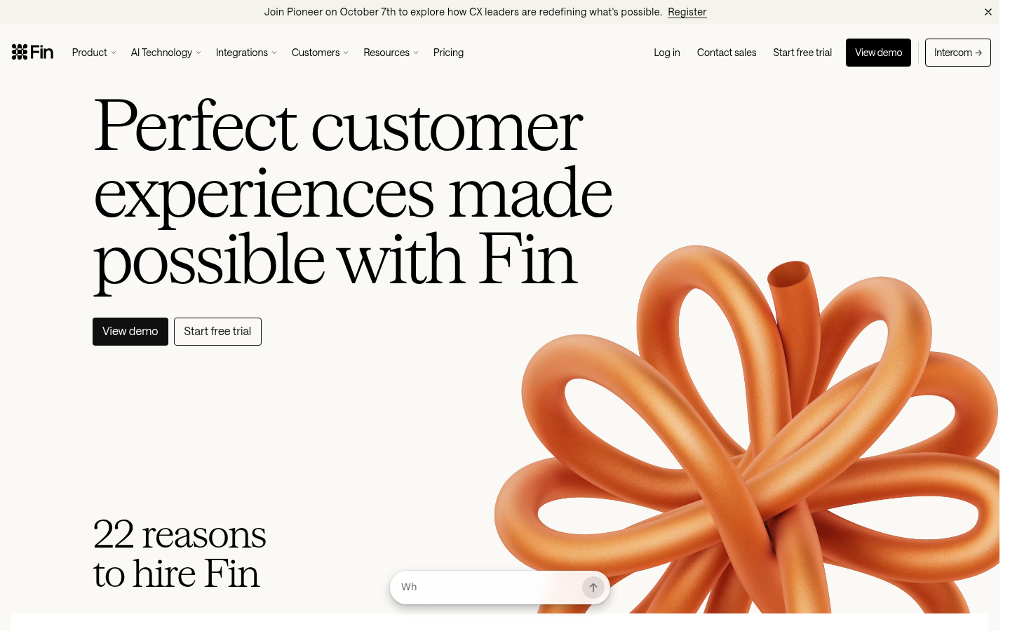Intercom Fin product page headlined perfect customer experiences made possible with Fin, beside an orange abstract sculpture and a chat input.