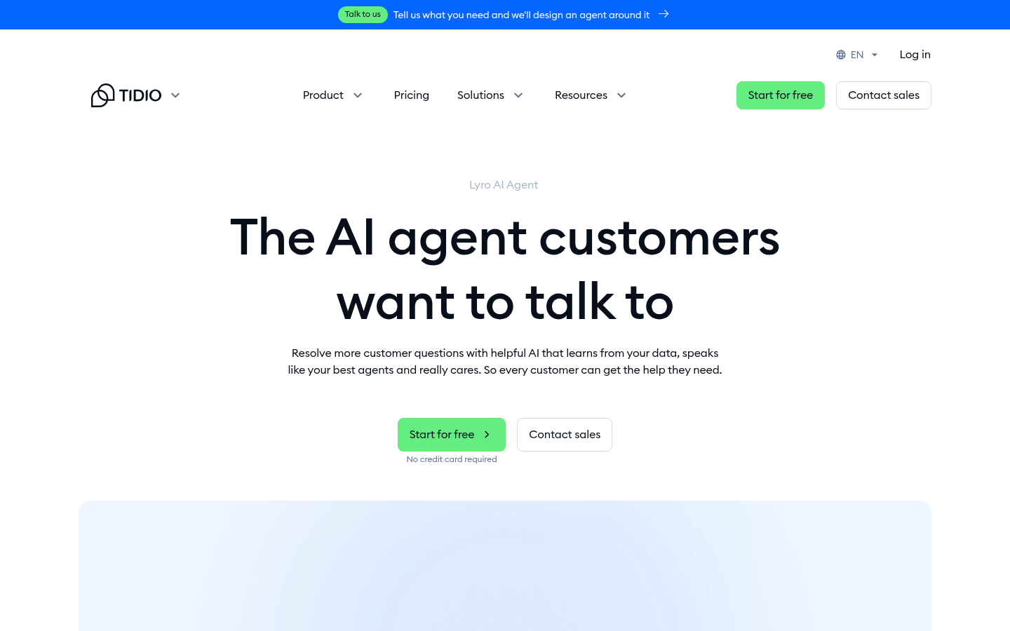 Tidio Lyro AI Agent page headlined the AI agent customers want to talk to, offering a free start with no credit card required.