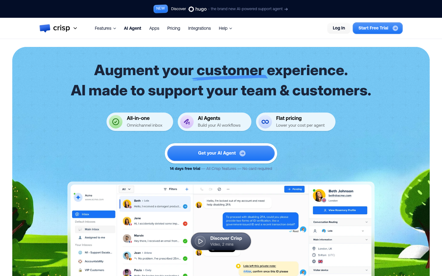 Crisp homepage headlined AI made to support your team and customers, with badges for all-in-one inbox, AI agents and flat pricing, above a shared inbox view.
