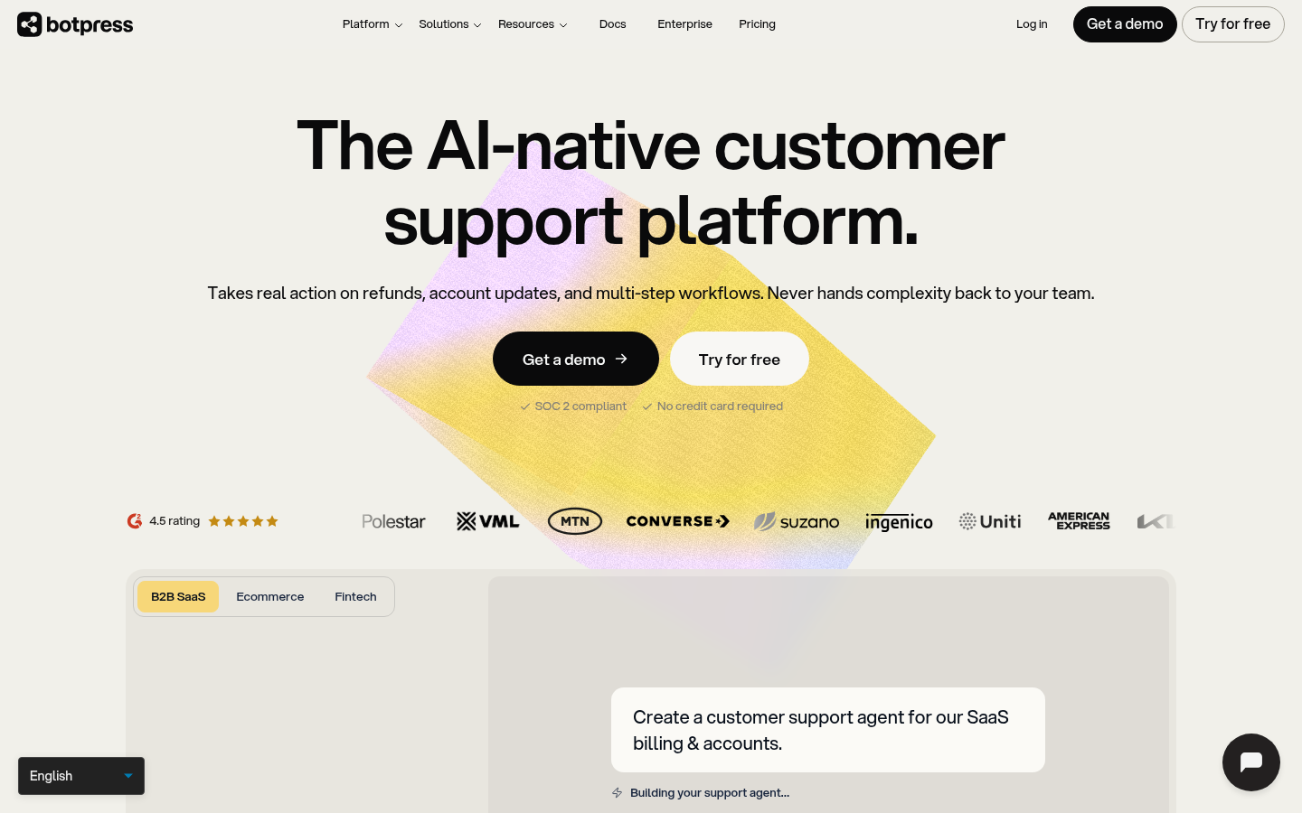 Botpress homepage describing an AI-native customer support platform that takes real action on refunds and multi-step workflows, with a 4.5 G2 rating badge.