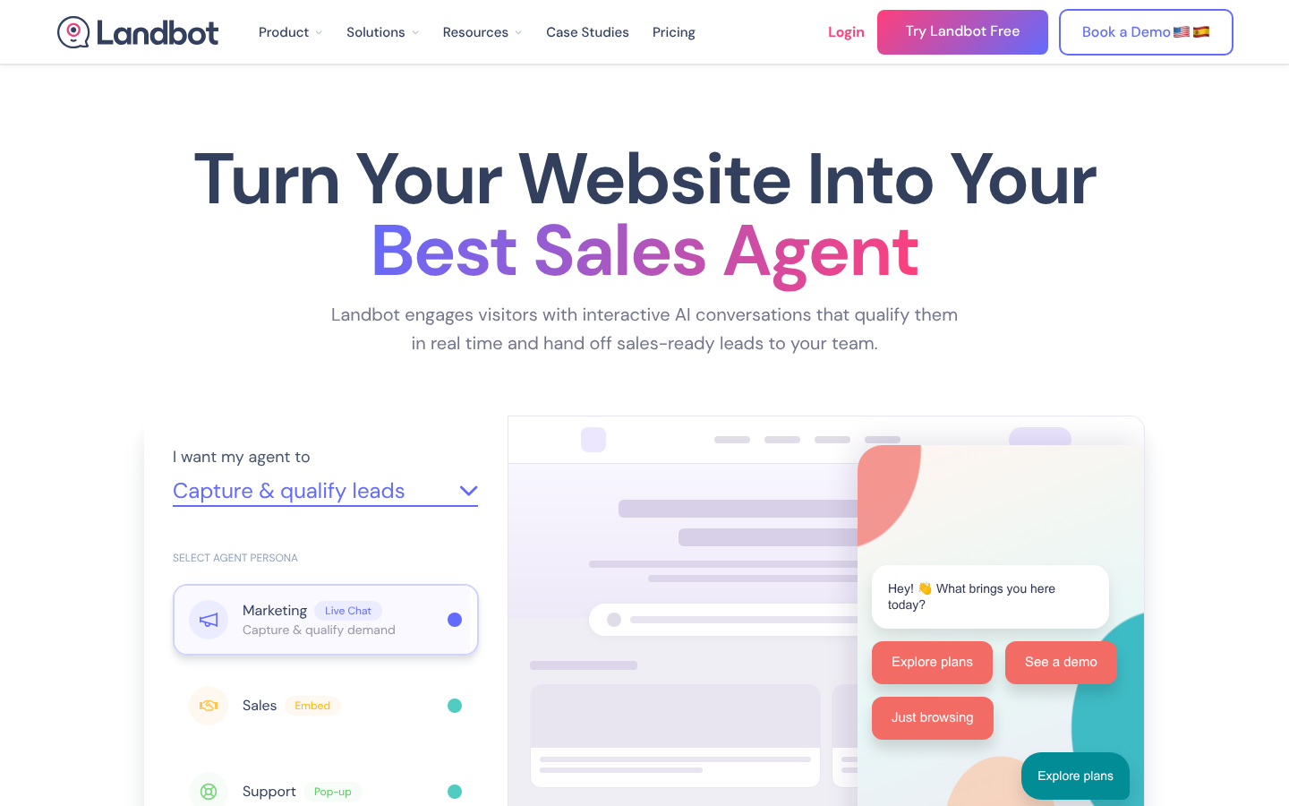 Landbot homepage headlined turn your website into your best sales agent, with an agent persona picker and a live chat widget asking what brings you here today.