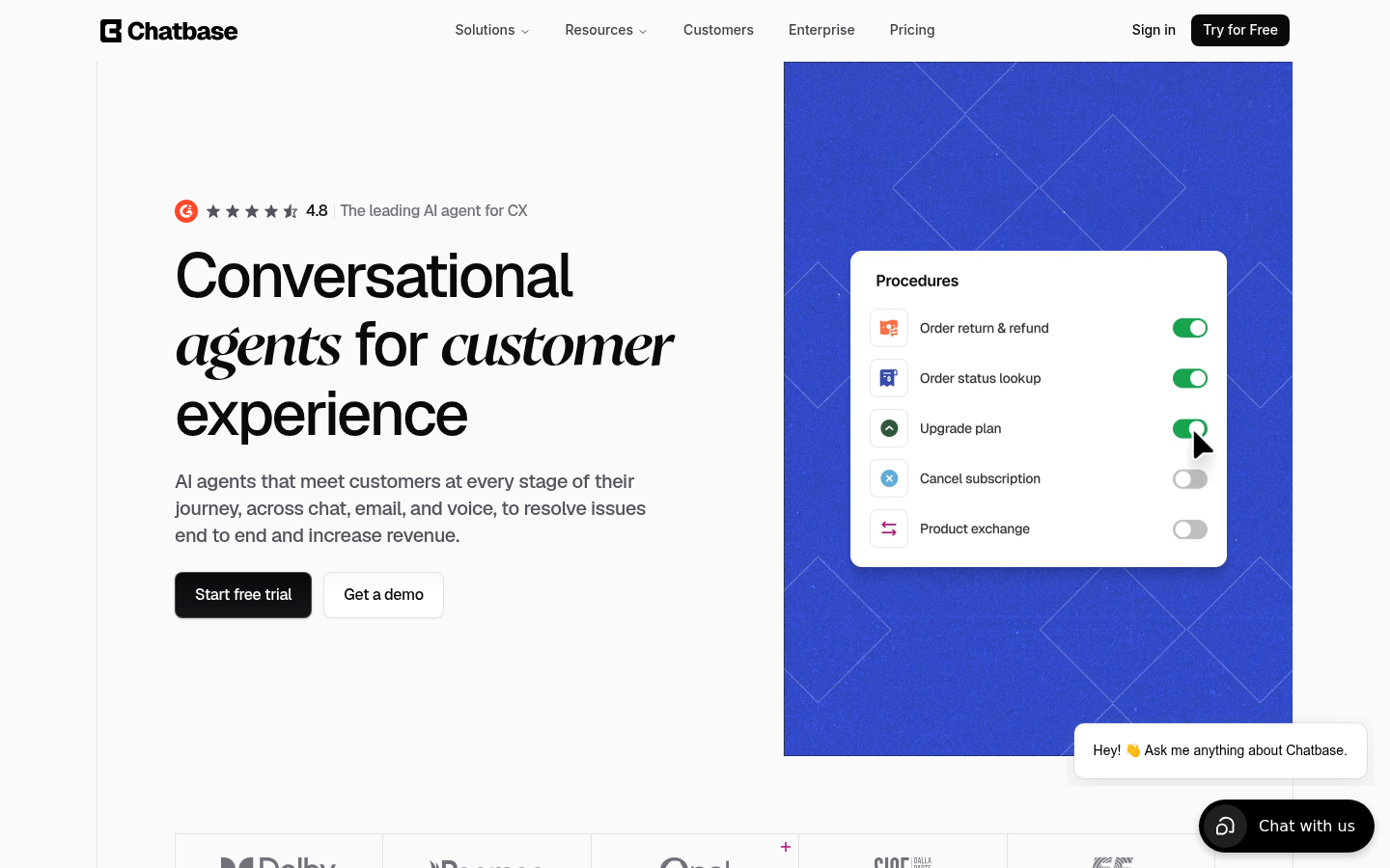 Chatbase homepage headlined conversational agents for customer experience, with a 4.8 G2 badge and a procedures panel toggling order returns and plan upgrades.