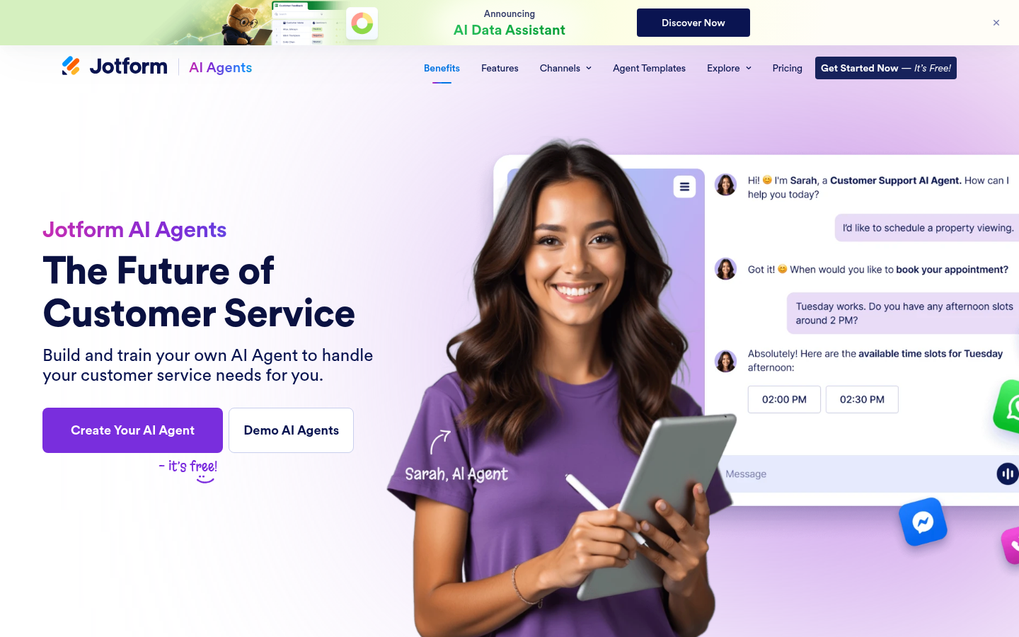Jotform AI Agents page headlined the future of customer service, showing an agent booking a property viewing appointment in a chat thread.