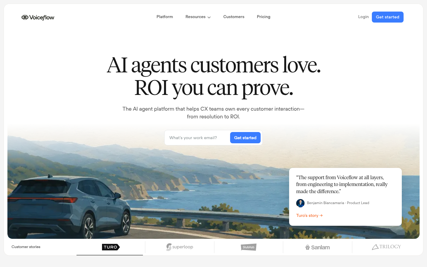 Voiceflow homepage headlined AI agents customers love, ROI you can prove, with an email capture field and customer logos for Turo, Superloop and StubHub.