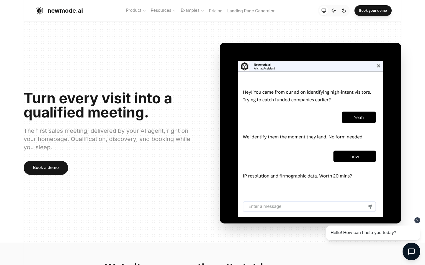 Algomo newmode.ai inbound agent page headlined turn every visit into a qualified meeting, beside a live chat assistant explaining IP resolution and firmographic data.