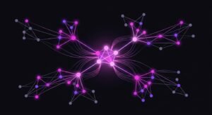 Abstract network of fuchsia and purple glowing nodes radiating from a central cluster on a dark background, representing brand mentions spreading across independent websites