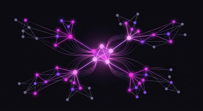 Abstract network of fuchsia and purple glowing nodes radiating from a central cluster on a dark background, representing brand mentions spreading across independent websites