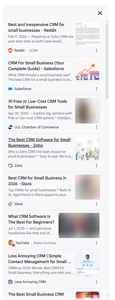 The expanded Google AI Mode sources panel listing cited pages from Reddit, Salesforce, the U.S. Chamber of Commerce, Zoho, Slack and YouTube.
