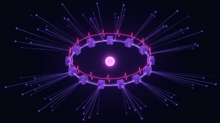 Neon heartbeat pulse traveling around a ring of glowing server nodes with a steady status orb at the center and probe beams reaching outward, representing uptime monitoring across many endpoints.