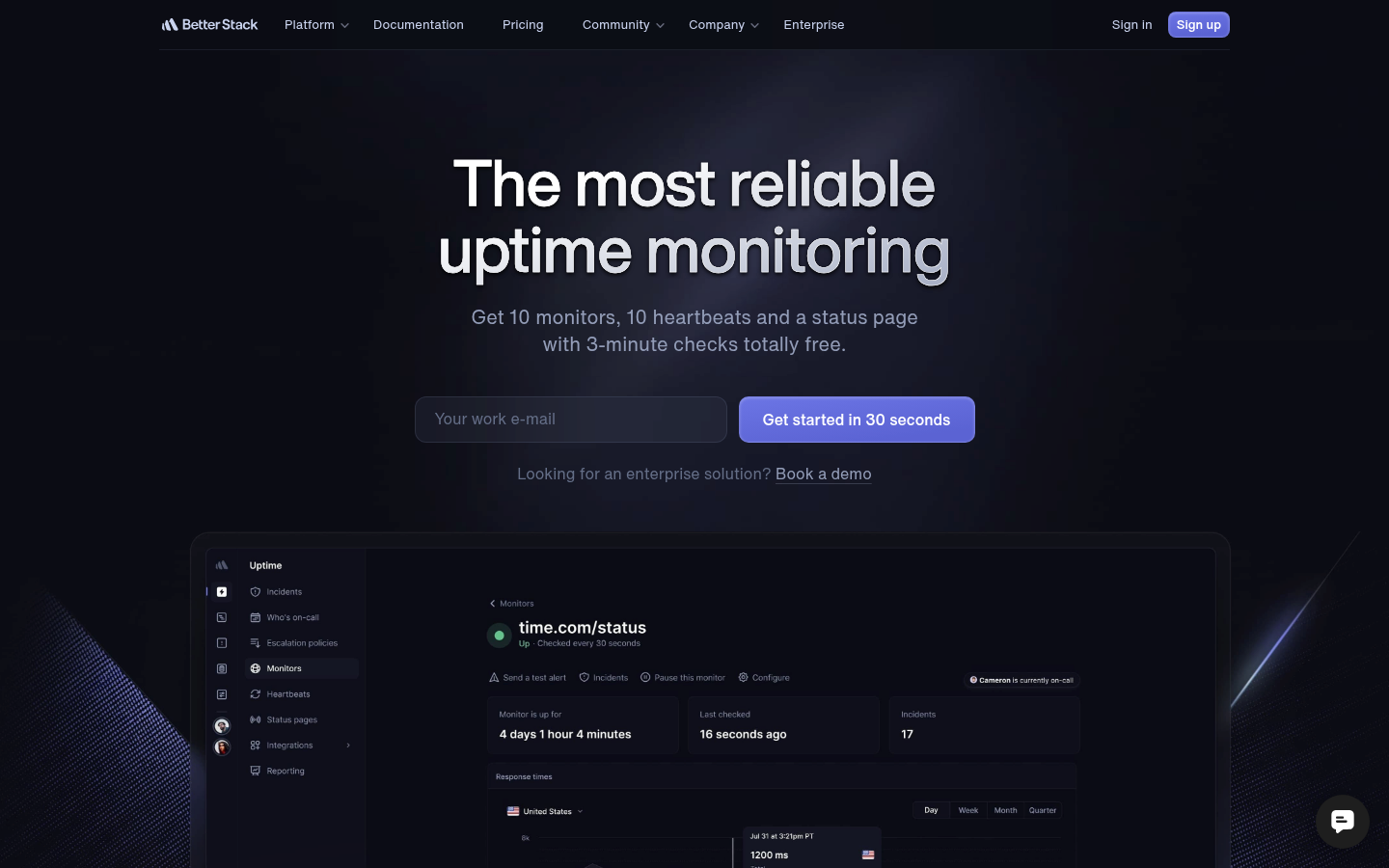 Better Stack uptime page offering 10 monitors, 10 heartbeats and a status page with three minute checks free, above a monitor detail view checked every 30 seconds.