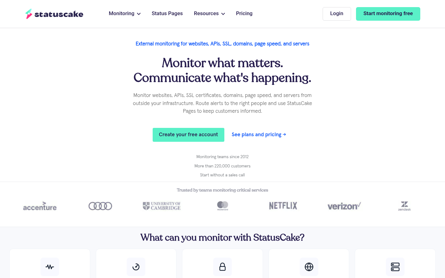 StatusCake homepage describing external monitoring for websites, APIs, SSL, domains, page speed and servers, noting more than 220,000 customers since 2012.