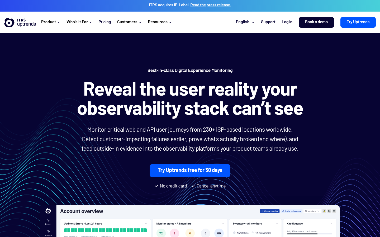 ITRS Uptrends homepage offering monitoring of web and API user journeys from more than 230 ISP-based locations, above an account overview showing 80 of 150 monitor credits used.