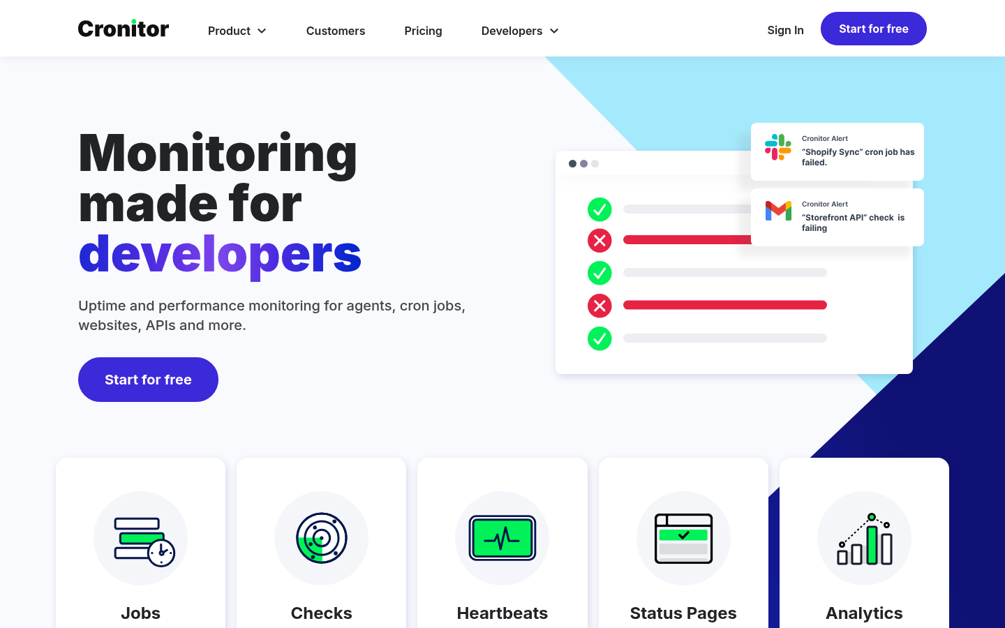 Cronitor homepage headlined monitoring made for developers, with alert cards for a failed cron job and a failing storefront API check, above tiles for jobs, checks, heartbeats and status pages.
