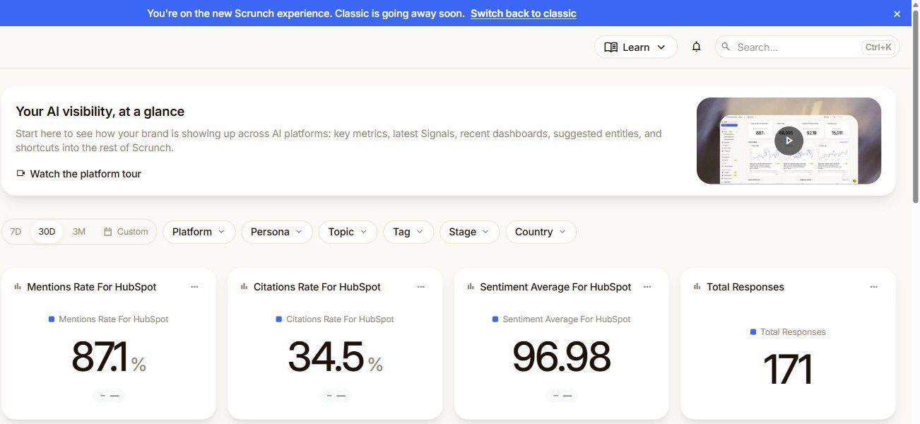 Scrunch AI home dashboard on the new interface showing a mentions rate of 87.1 percent, a citations rate of 34.5 percent, a sentiment average of 96.98 and 171 total responses, under a banner announcing that the classic experience is going away soon.