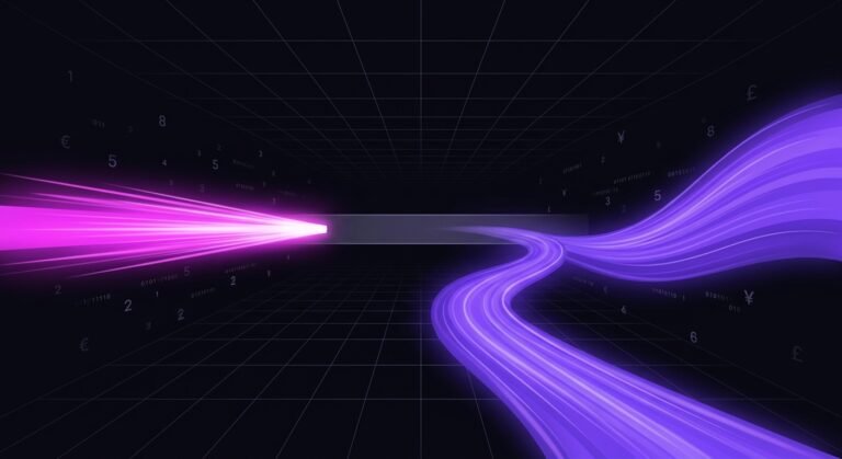 Neon illustration of a short bright magenta beam stopping abruptly at a translucent horizontal band while a wide violet river of light flows past and continues beyond it, representing paid clicks against compounding organic search