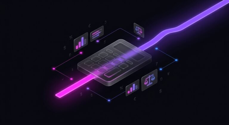 Neon isometric illustration of a glass calculator with a short magenta beam ending abruptly on one side and a long violet ribbon continuing on the other, surrounded by bar chart and balance scale panels, representing paid clicks against organic search