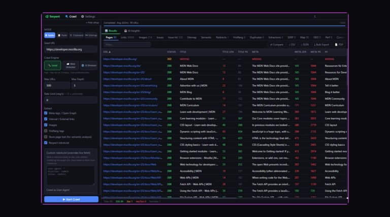 Serpent desktop SEO crawler showing a completed crawl of 90 URLs with a pages table of status codes, titles, title pixel widths, meta descriptions and H1s, beside a crawl setup panel.