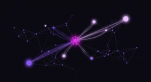 Abstract network graph on a near-black background: a bright fuchsia hub sends glowing links out to a handful of nodes while the rest of the purple mesh stays dim, illustrating how AI citations concentrate on a few LinkedIn URLs