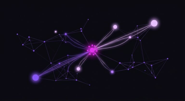 Abstract network graph on a near-black background: a bright fuchsia hub sends glowing links out to a handful of nodes while the rest of the purple mesh stays dim, illustrating how AI citations concentrate on a few LinkedIn URLs