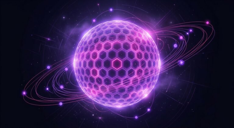 Glowing purple hexagonal globe with orbiting nodes on a dark background, representing Wikipedia and Wikidata as the entity hub that search engines and AI models read