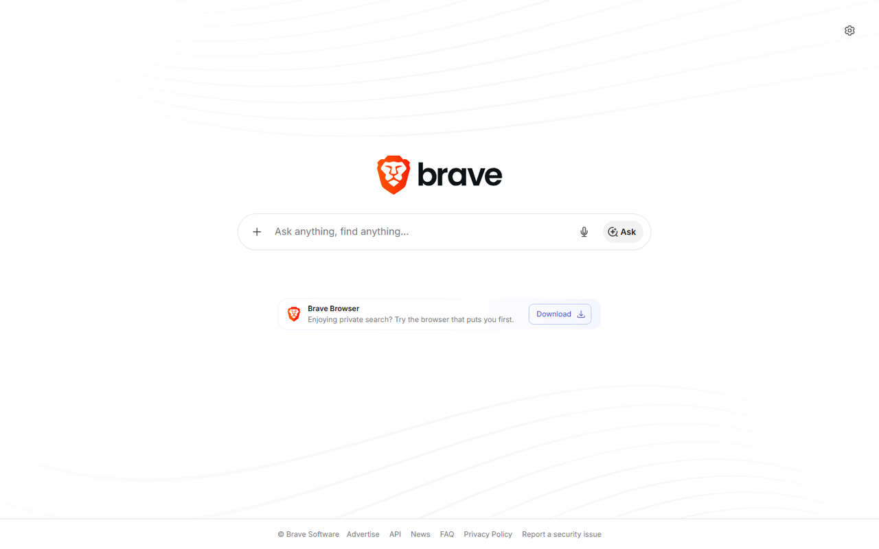 Brave Search home page with the Ask anything search box and Ask button