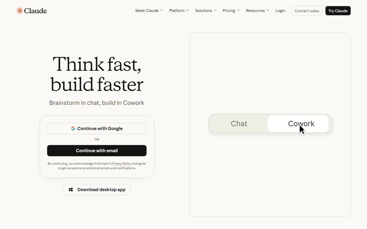 Claude product page with the Chat and Cowork toggle