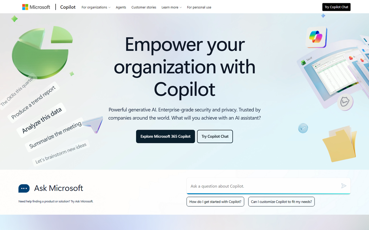 Microsoft Copilot product page with the Try Copilot Chat button