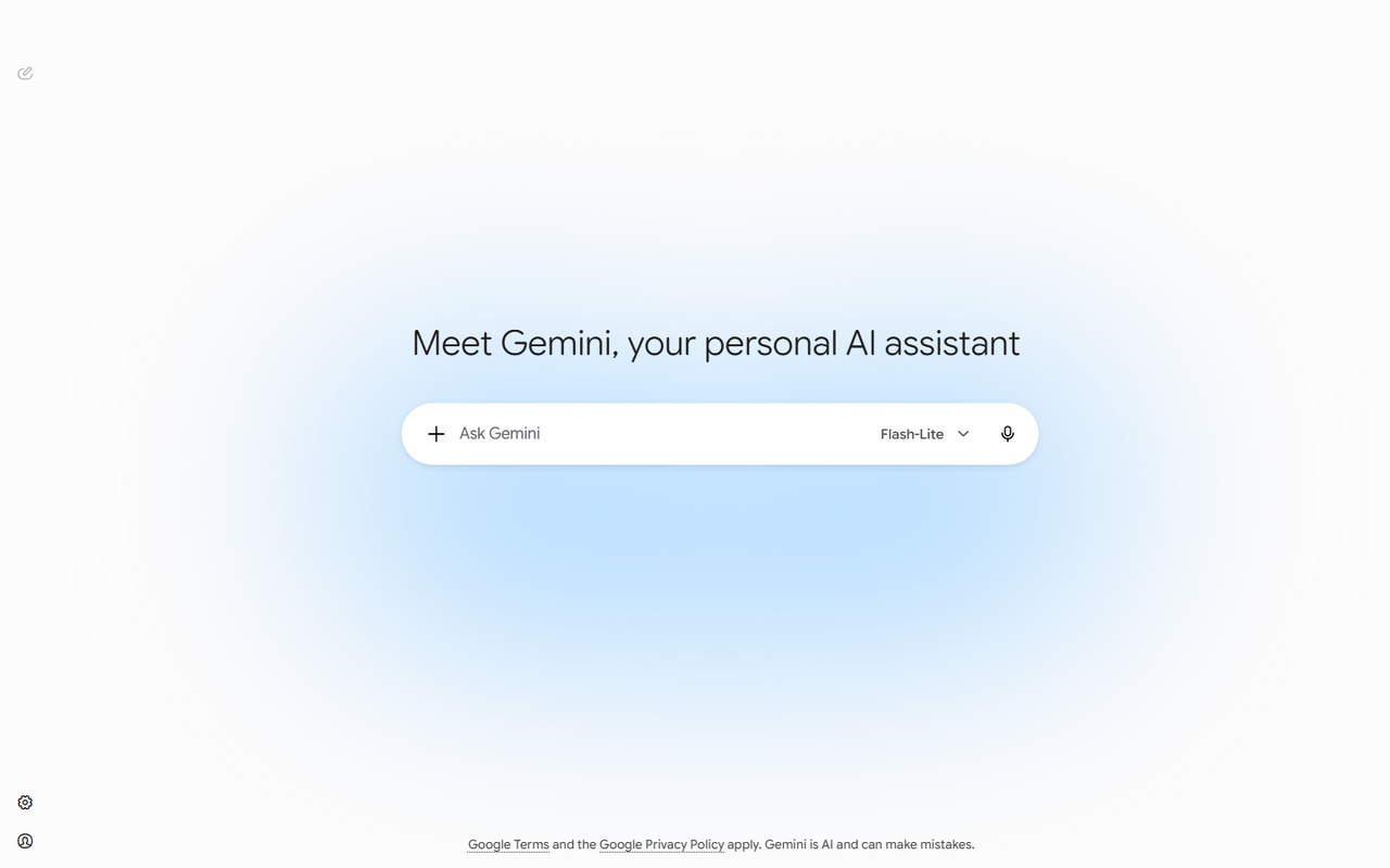 Google Gemini web app home screen with the Ask Gemini prompt box