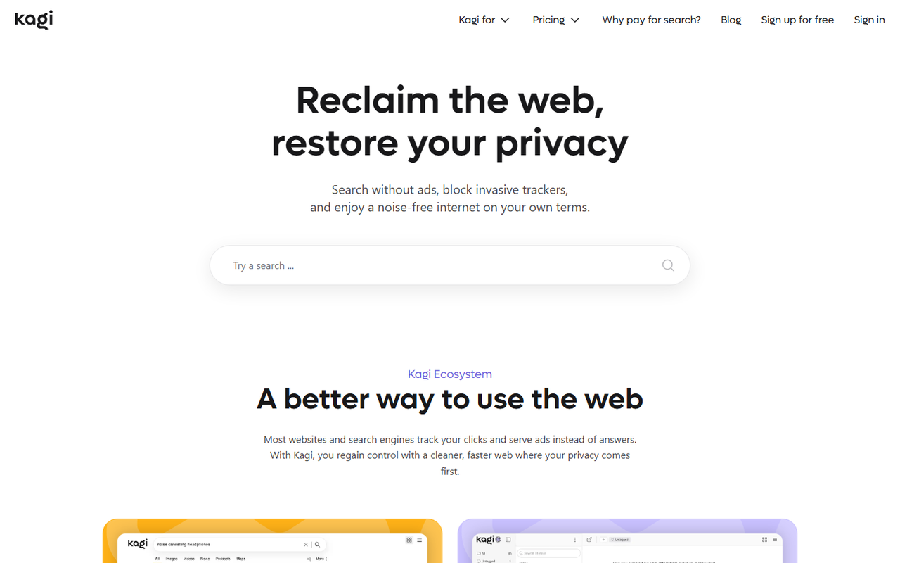 Kagi home page with the search box and privacy tagline