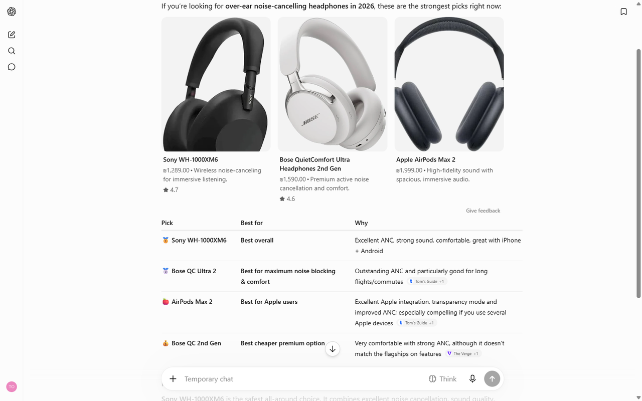 ChatGPT search answer with product cards, local prices and a ranked comparison table