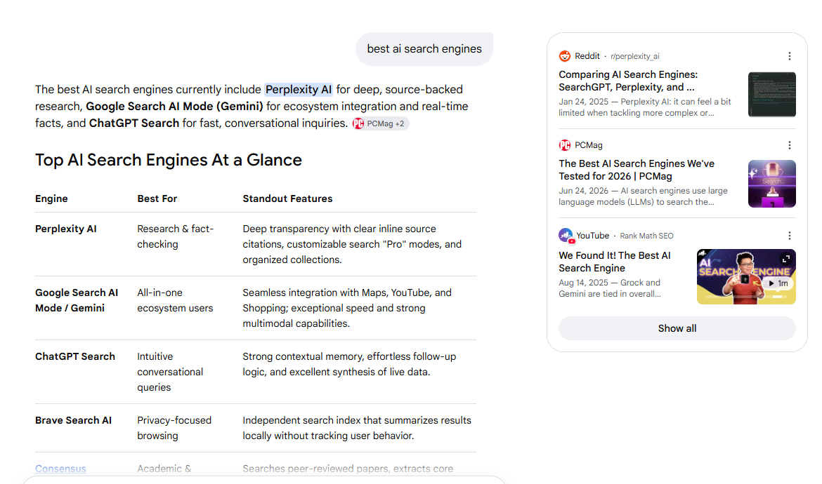 Google AI Mode answer with a comparison table and source panel for the query best ai search engines